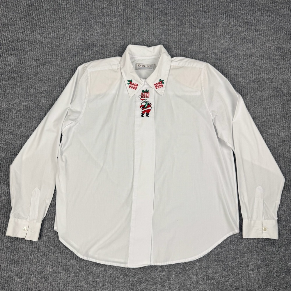 Vtg Karen Scott Button Up Shirt Womens L Santa Embroidered Christmas Holidays